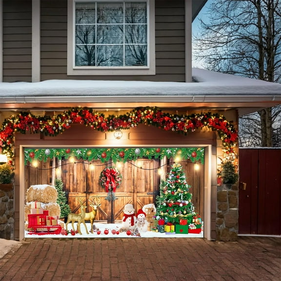 Meggemo Christmas Garage Banners Festive Scene Door Flag Backdrops Cloth Reusable Party Atmosphere Decor Holiday Xmas Decoration