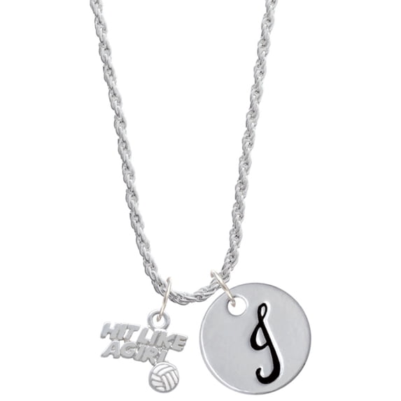 Delight Jewelry Silvertone Hit Like a Girl with Enamel Volleyball Silvertone Script Initial Disc - J - Charm Necklace, 20"+3"