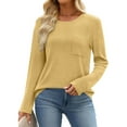 thumbnail image 5 of SYMOID Womens Yellow Relaxed Fit Waffle Knit Top - Crew Neck Long Sleeve with Chest Pocket - Casual for Spring & Fall,Size S, 5 of 7