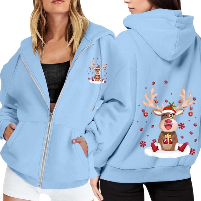 WILLBEST Sudadera de Mujer con Estampado Navideño, Cremallera, Manga Larga, Bolsillo, Cordón Ajustable y Capucha Informal 2195 XX-Grande
