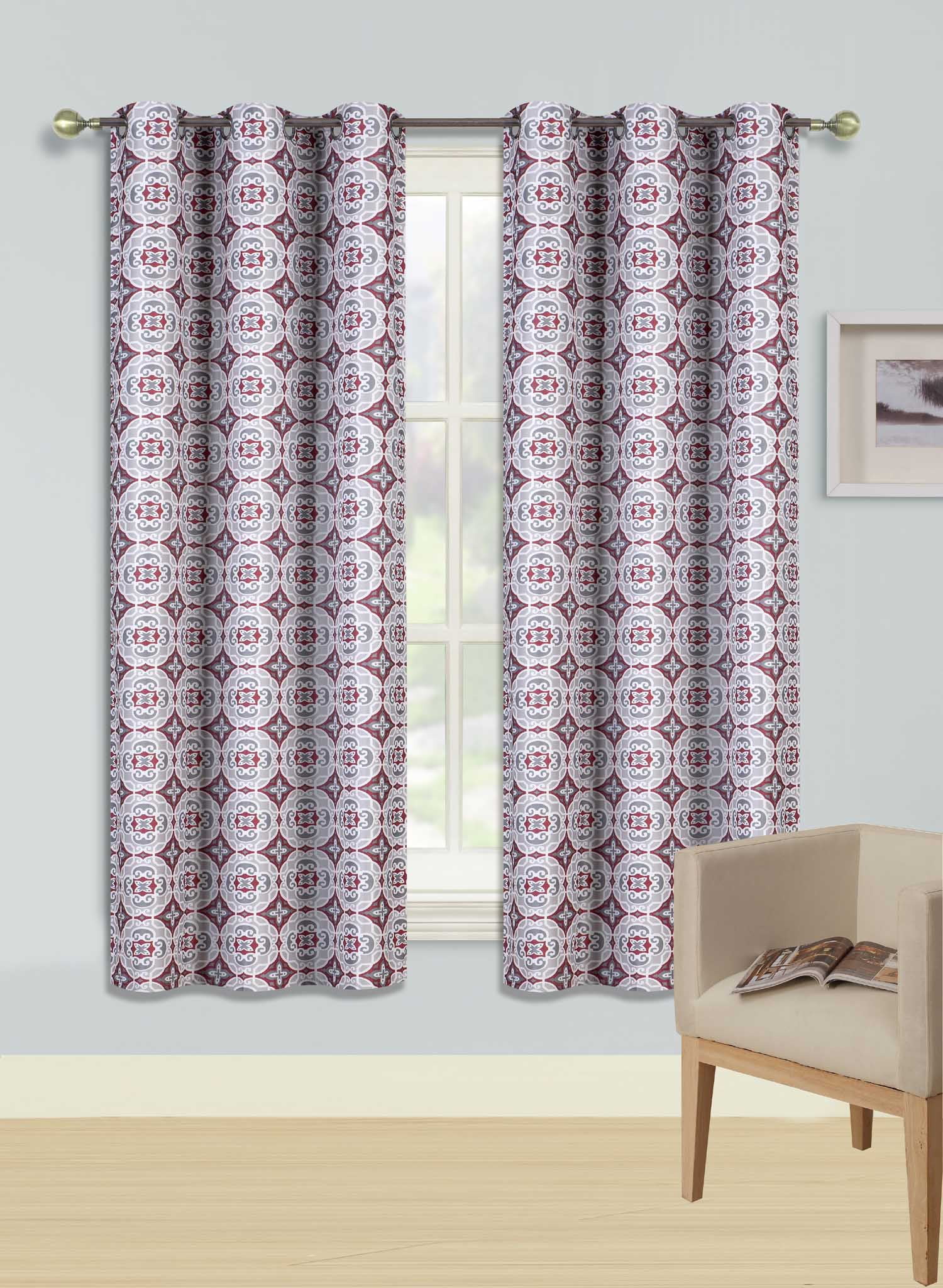 Purple White Floral Design 84L Set of Two Sheer Window Curtain Panels Grommets 