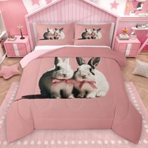 Homewish White Kawaii Rabbit Full Size Comforter Sets,Zoo Animal Bedding Comforter Set,Pink Bowtie Bowknot Bedding Sets For Girl Teens,Microfiber Bedroom Decor Reversible,3-Piece