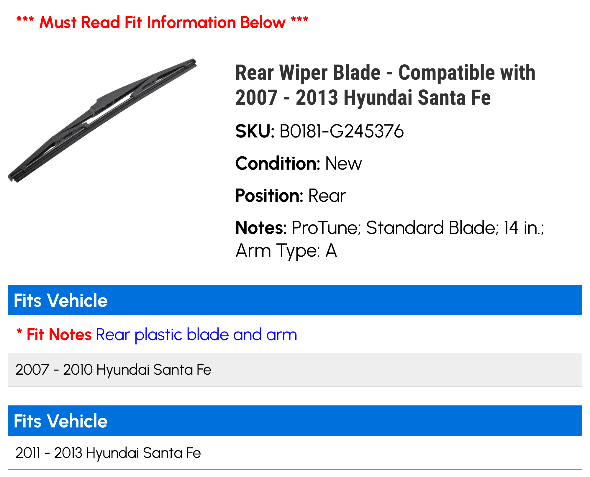 Rear Wiper Blade - Compatible with 2007 - 2013 Hyundai Santa Fe 2008 2009 2010 2011 2012