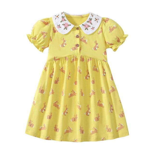 Robes Décontractées pour Filles, Été, Imprimé Lapin de Dessin Animé, Col Rond, Manches Courtes, Midi, Robe d'Été Décontractée, Tenue de Vacances, Jaune, 7-8 Ans