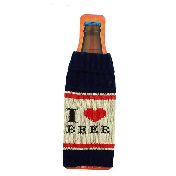 Botella de cerveza Cozy The Coop Knit I Love Beer azul, blanco y rojo