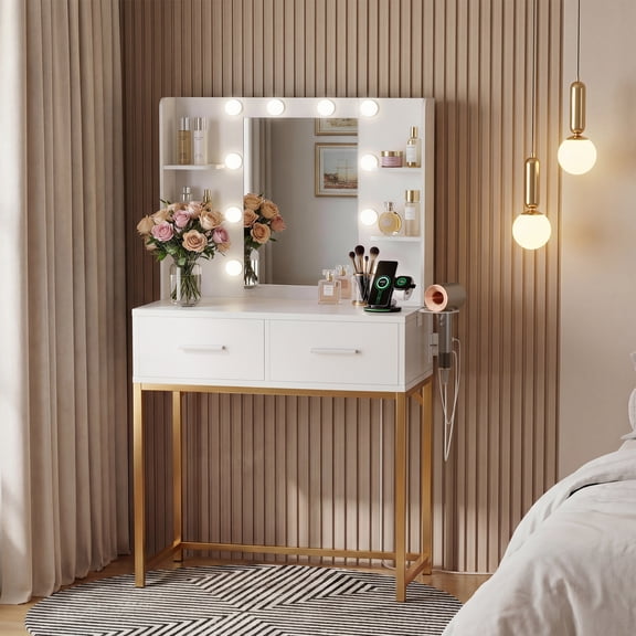 Homall Vanity Desk with Mirror, Power Outlet & LED Lights, Makeup Vanity Table with 2 Drawers & 4 Shelves, Dressing Table for Bedroom Dressing Room, White