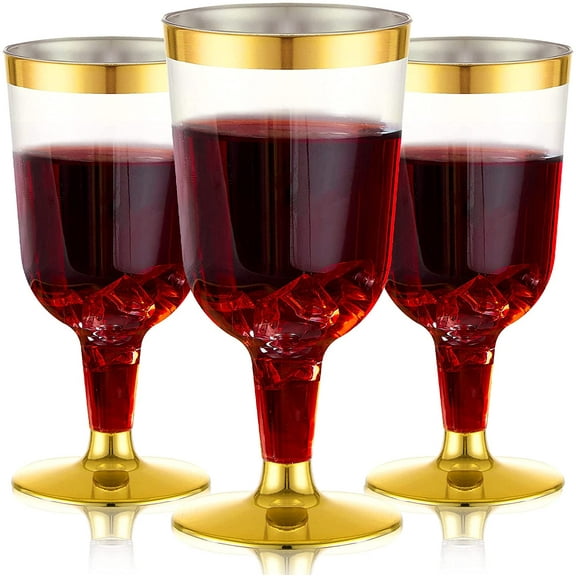 30PCS Plastic Wine Glasses with Gold Rim, 6 Oz Plastic Wine glasses with Stem, Disposable Wine Cups Reusable Suitable for Party Wedding Birthday