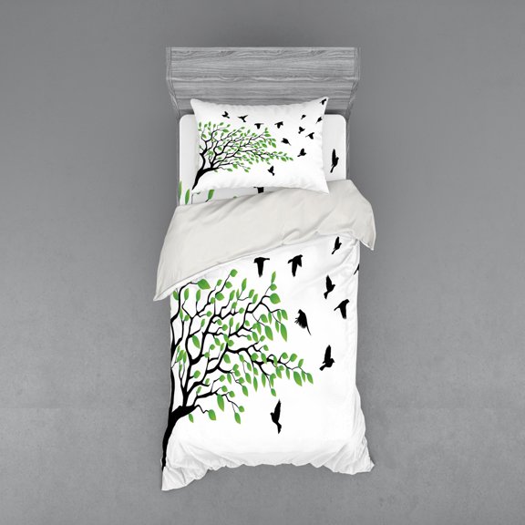 Ambesonne Silhouette Bedding Set 3 Pcs, Flying Spring Peace Art, Twin, White Black Green