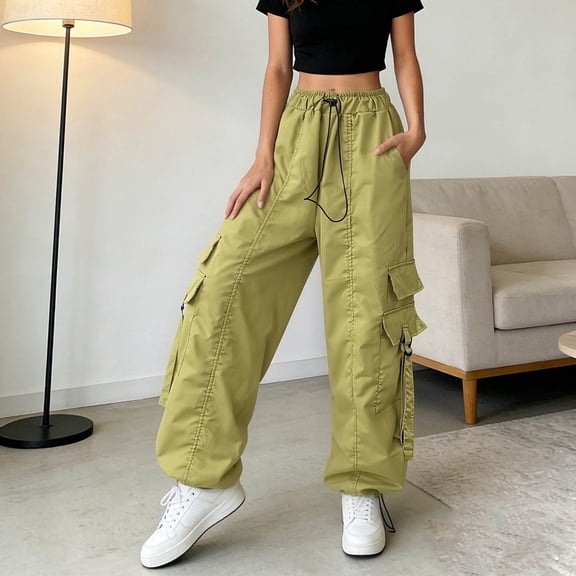 Pounoo Cargo Pants for Women Elastic Drawstring Waist Multi Pocket Parachute Pants Streetwear Style Durable Functional Loose-Fit Pants Gift
