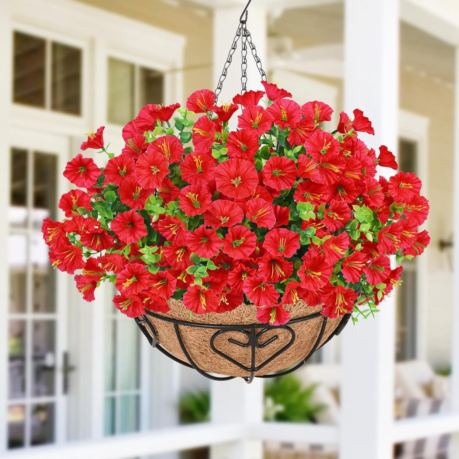 2Pcs Artificial Hanging Flowers for Outdoors, Artificial Flowers for Outdoors with Basket, Artificial Plants Outdoor UV Resistant Fake Plants for Garden Porch Window Farmhouse Decor, Purple