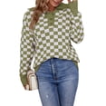 thumbnail image 2 of Liacowi Women Juniors Knitted Sweater Checkerboard Print Long Sleeve Pullover Retro Jumpers Tops Fall Loose Knitwear for Teen, 2 of 9