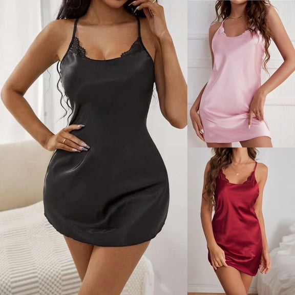 Miorin Under $10 Women's Satin Silk Nightgown Lace Trim Tank Nightgown Chemise Sleeveless Sleep Dress, Black Onesises, L