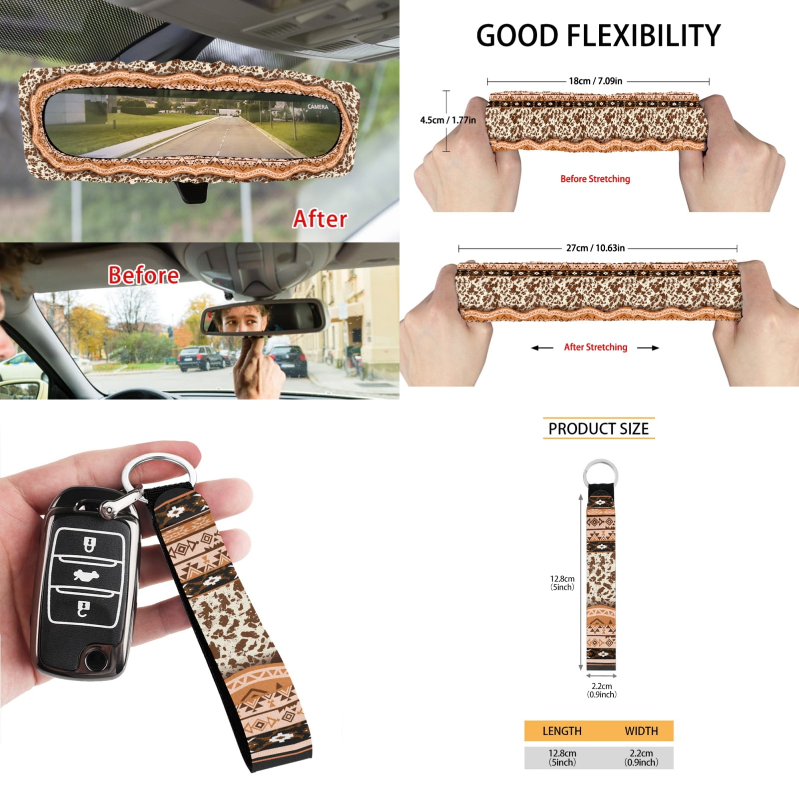 Renewold American Tribal Cow Print 12 PCS Front Car Seat Cover Set with Steering Wheel Seat Belt Armrest Rear View Mirror Cover Trash Can Coaster Keychain Air Vent Pouch Auto Decor Universal Fit