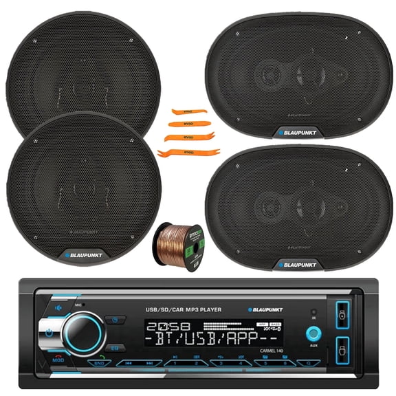 Blaupunkt Beverly Hills 150 Single DIN Detachable Faceplate Bluetooth DVD/CD AM/FM Receiver, 2x 6" 40W Max 3-Way Speakers, 2x 6x9" 70W Max 4-Way Speakers, Speaker Wire, 4-Piece Removal Pry Tool Set