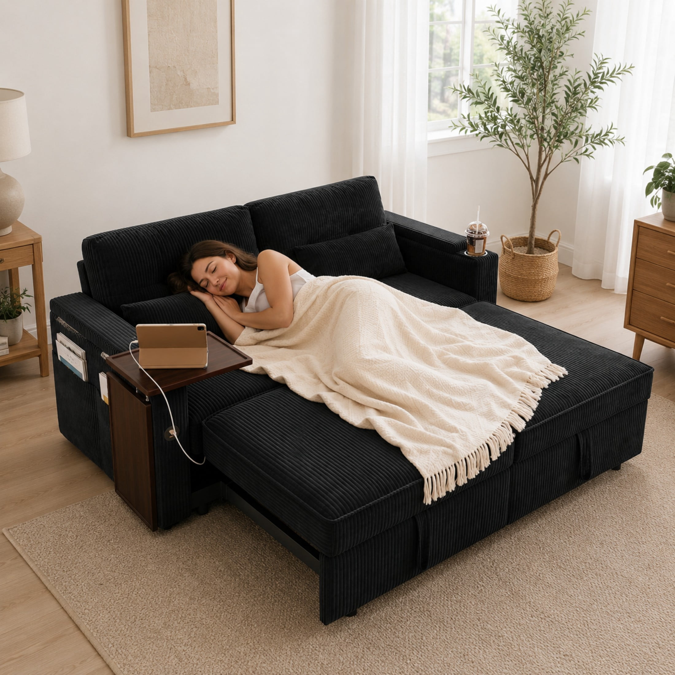 Aenkyo 73" Pull Out Sofa Bed, 3-in-1 Queen Sleeper Sofa with USB, Cup Holders and Storage, Black