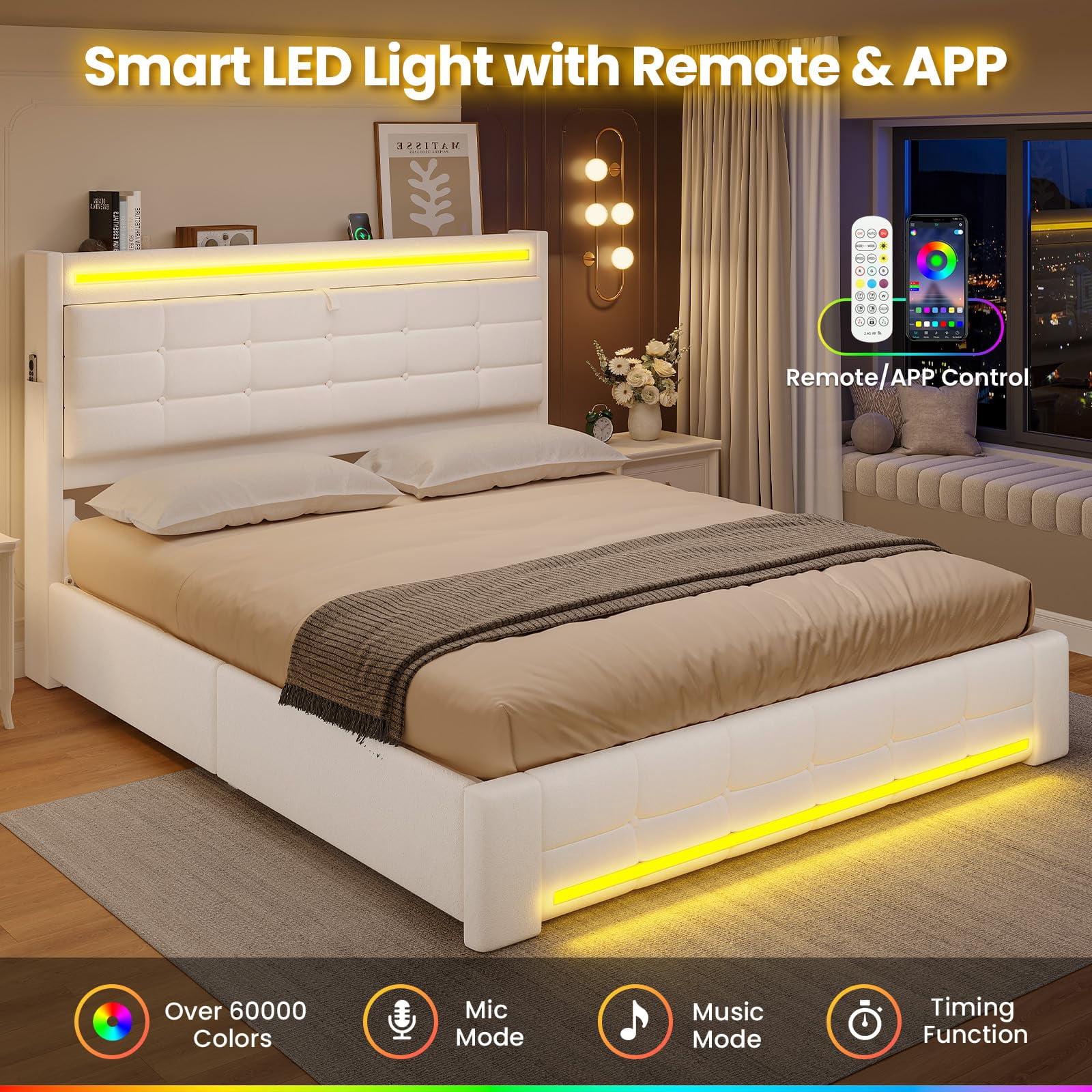 Amuzer Queen Bed Frame with Storage Headboard & 4 Drawers, LED Light,Charging Station, Leather Upholstered Platform Bed Frame with Button Tufted, No Box Spring Needed, White PU