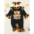 thumbnail image 3 of Seyurigaoka 2 Pcs Baby Girls Jumpsuits Outfit Halloween Pumpkin Letter Printed One-Pieces Long Sleeves Ruffle Romper and Headband Set for 0-24M Toddler Kids, 3 of 9
