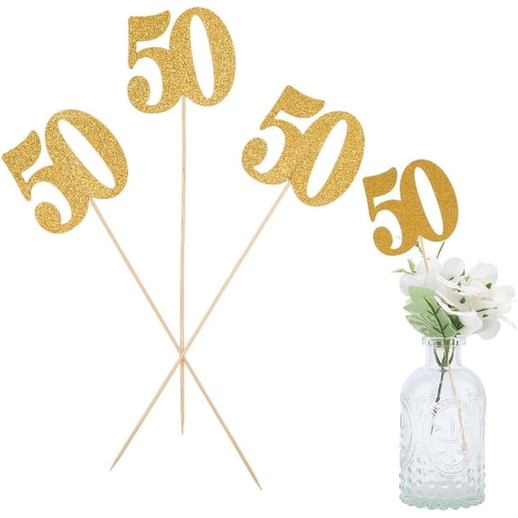 12Pcs 50th Birthday Centerpiece Sticks Gold Number 50 Cake Toppers Bulk Glitter Paper Label Wooden Stick 50 Cake Decoration