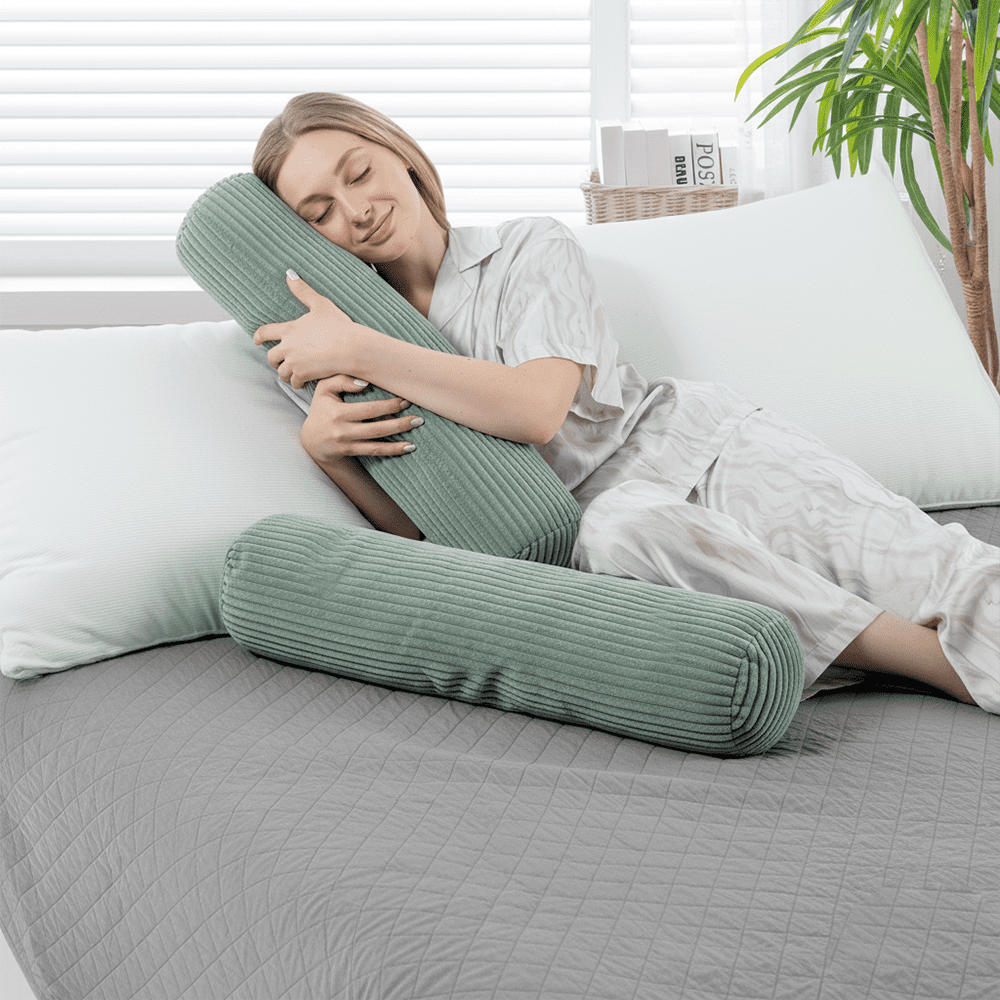 CHARRYARN Cuddle Pillow  Bolster Pillow Corduroy Cylindrical Bed Pillow - Multifunctional Long Pillow- uitable for yoga,Lumbar and Neck Support Roll Pillow - Light green（8"x35.4")