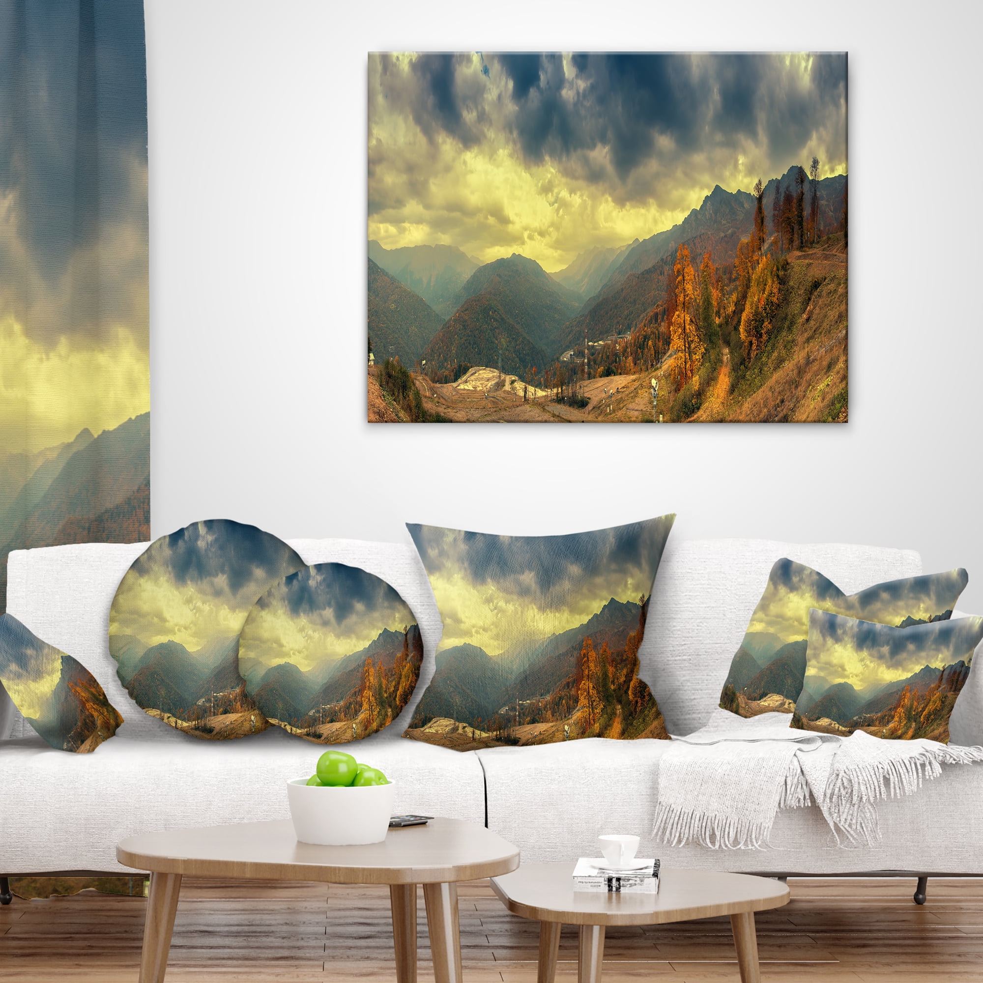 Designart Caucasus Mountains Yellow Panorama - Landscape Printed Throw Pillow - 18x18