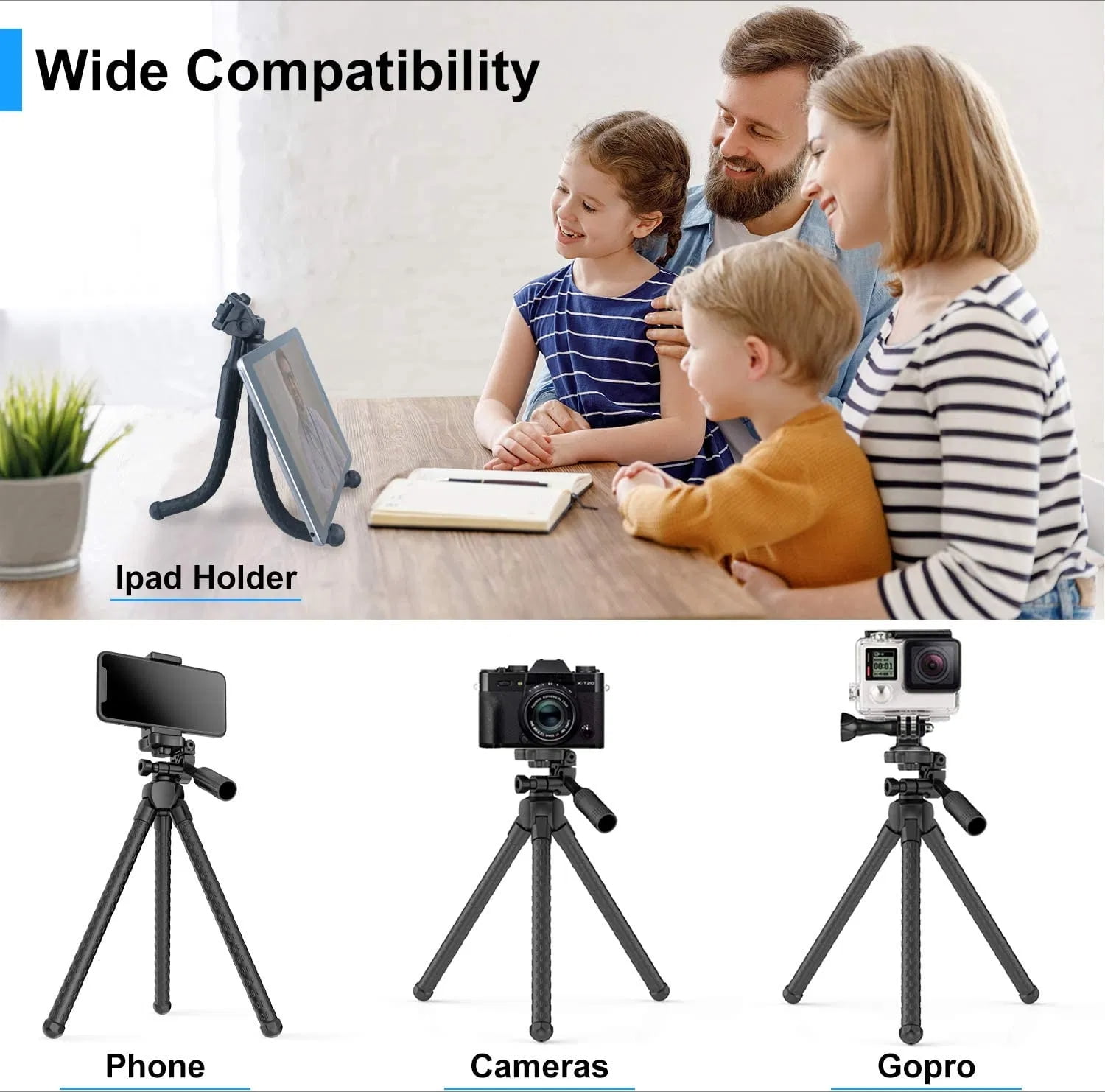 Adjustable Portable Phone, Camera, Flat Tripod, Camera Stand, Wireless Remote Control, Bluetooth, Wide Compatibility, 360° Adjustable, Universal Phone Tripod