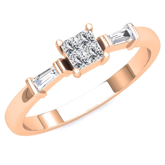 0.23 Carat (ctw) 10K Rose Gold Princess & Tapered Cut White Diamond Ladies Invisible Engagement Ring 1/4 CT