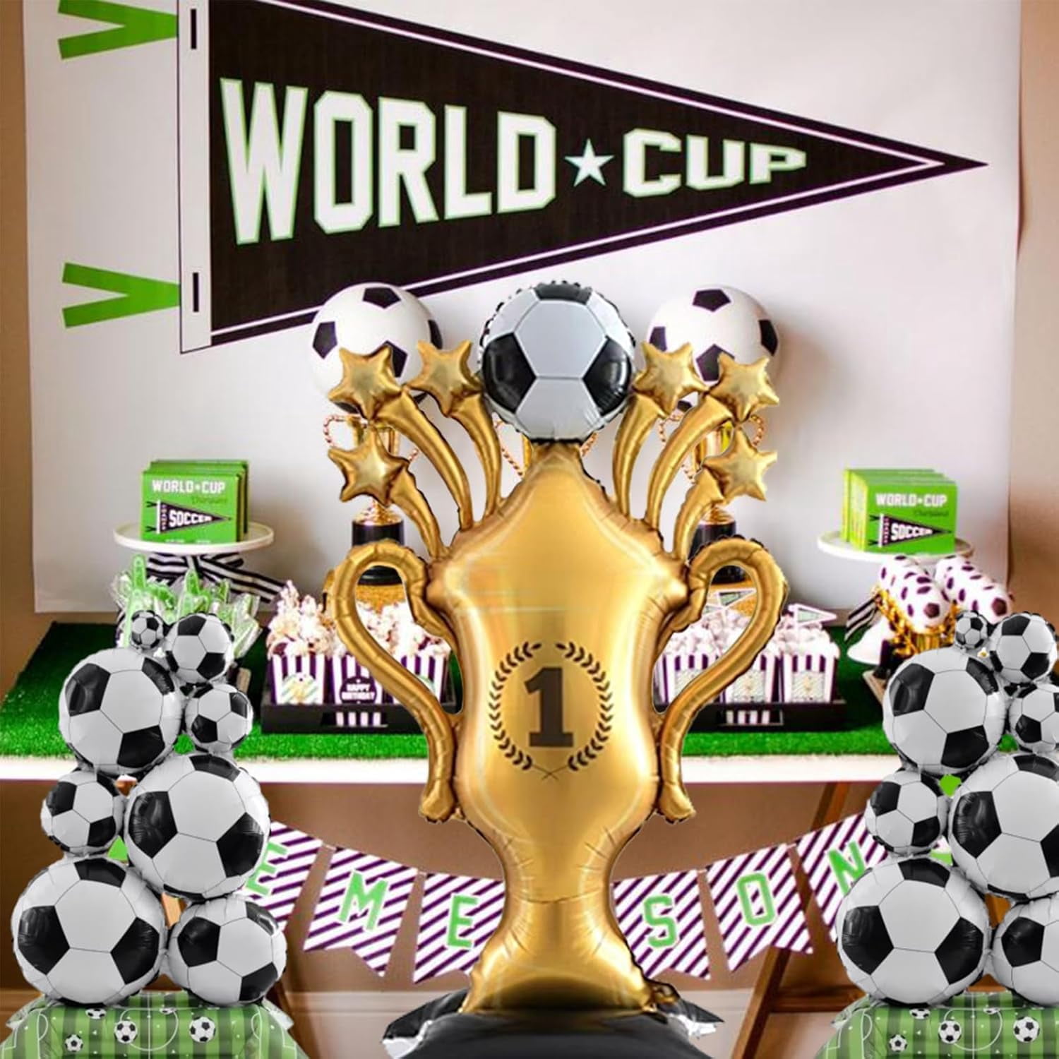 3Pcs Soccer Foil Balloons Set – Large Soccer & Trophy Balloons for Sports Theme Birthday Party, Soccer Fans Party Decorations