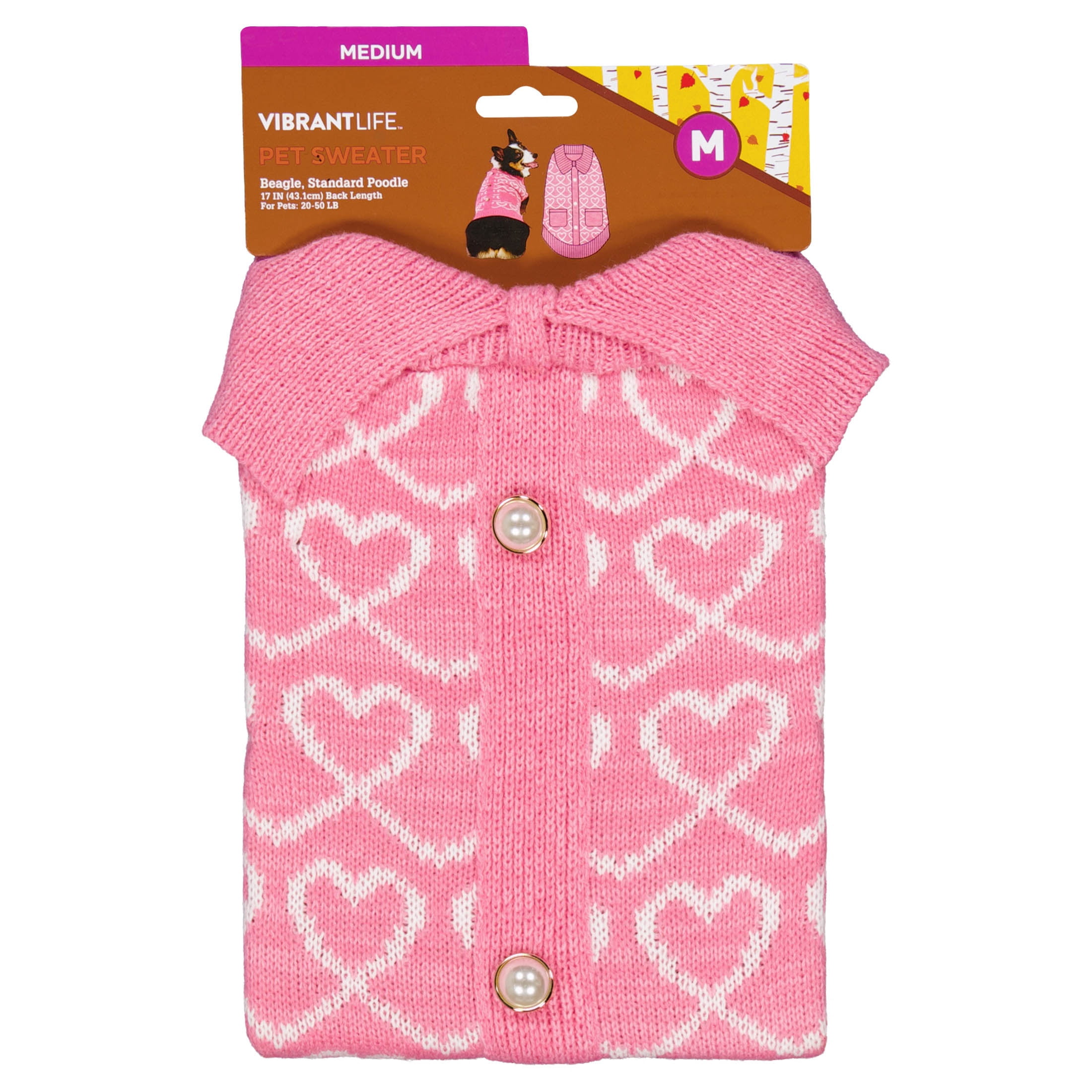 Vibrant Life Sweater for Dogs, Hearts with Pearl Buttons, Pink, M