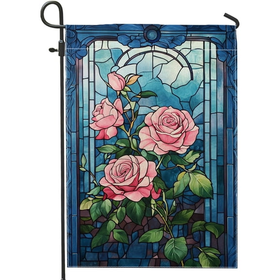 Stained Glass Garden Flag Peach Roses Double Sided Spring Summer Outdoor Lawn Decoration Vintage Floral Yard Flag 12x18 Inch