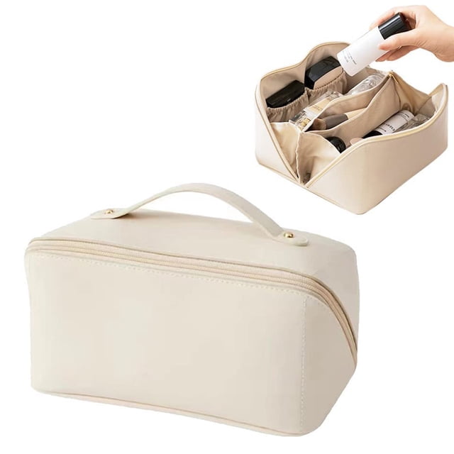Bolsa De Cosméticos De Viaje Portátil Bolsa De Maquillaje De Cuero PU Bolsa De Cosméticos De Gran Capacidad Organizador Bolsas De Aseo Con Asa Y Divisor