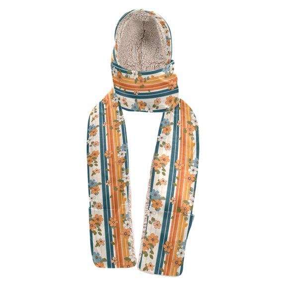 BZSMCE Warm Fleece Hood Scarf Wrap Floral Stripes Pattern