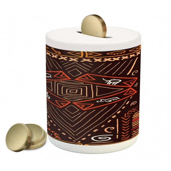 Prehistoric Piggy Bank, Aboriginal Style Patterns Tribal Motifs Objects Collage of Cave Pictures, Ceramic Coin Bank Money Box for Cash Saving, 3.6" X 3.2", Orange and Black, by Ambesonne