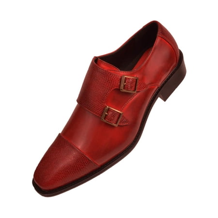 Navy Blue Patent Leather Shoes Bolano Mens Smooth Leather Double Monk Strap Dress Shoe with Embossed Strap and Cap Toe Available in Cognac, Black, Red, Navy, & Green ()