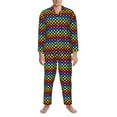 thumbnail image 3 of Honeii Rainbow Chequerboard Pattern Mens Pajamas Set,2pcs Men's Lounge Long Sleeve Sleep Shirt and Pajama Bottoms Sleepwear Set,Mens Pjs Sets-Medium, 3 of 7