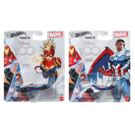 Hot Wheels Disney 100 Marvel Character Cars, Captain America and Captain Marvel, 2-Pack Collectible Die-Cast Vehicles