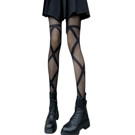 

CHOMOEN Women Sexy Sheer Pantyhose Criss-Cross Bandage Striped Patterned Tights Stocking