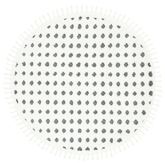 SAFAVIEH Moroccan Tassel Siofra Dot Print Shag Area Rug, Ivory/Grey, 6'7" x 6'7" Round