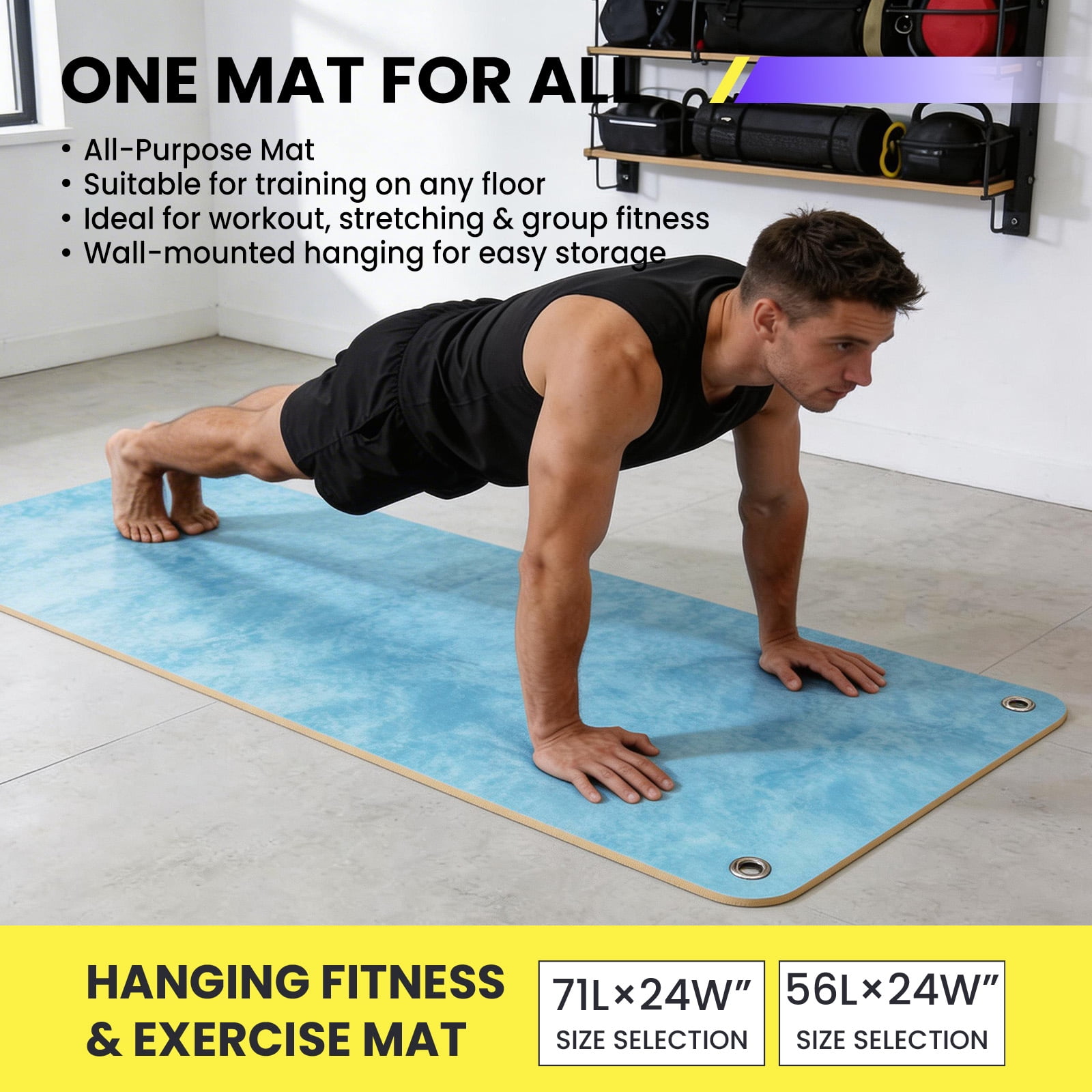 MAROUTE Commercial Grade Hanging Exercise Mat – Durable 5mm Thick PVC Yoga & Workout Mat with Reinforced Holes – Ideal for Home Gym, Pilates, Stretching, Group Fitness – Black