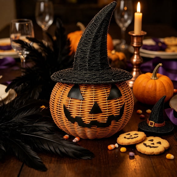 13 Inch Hand-Woven Pumpkin Witch Hat Halloween Decoration Suitable for Outdoor Front Door And Porch or Indoor Entryway And Tabletop Display