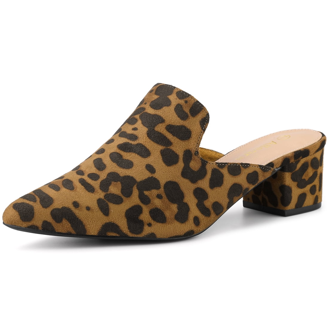 Women s Slip on Pointed Toe Chunky Heels Slide Mules Leopard 10