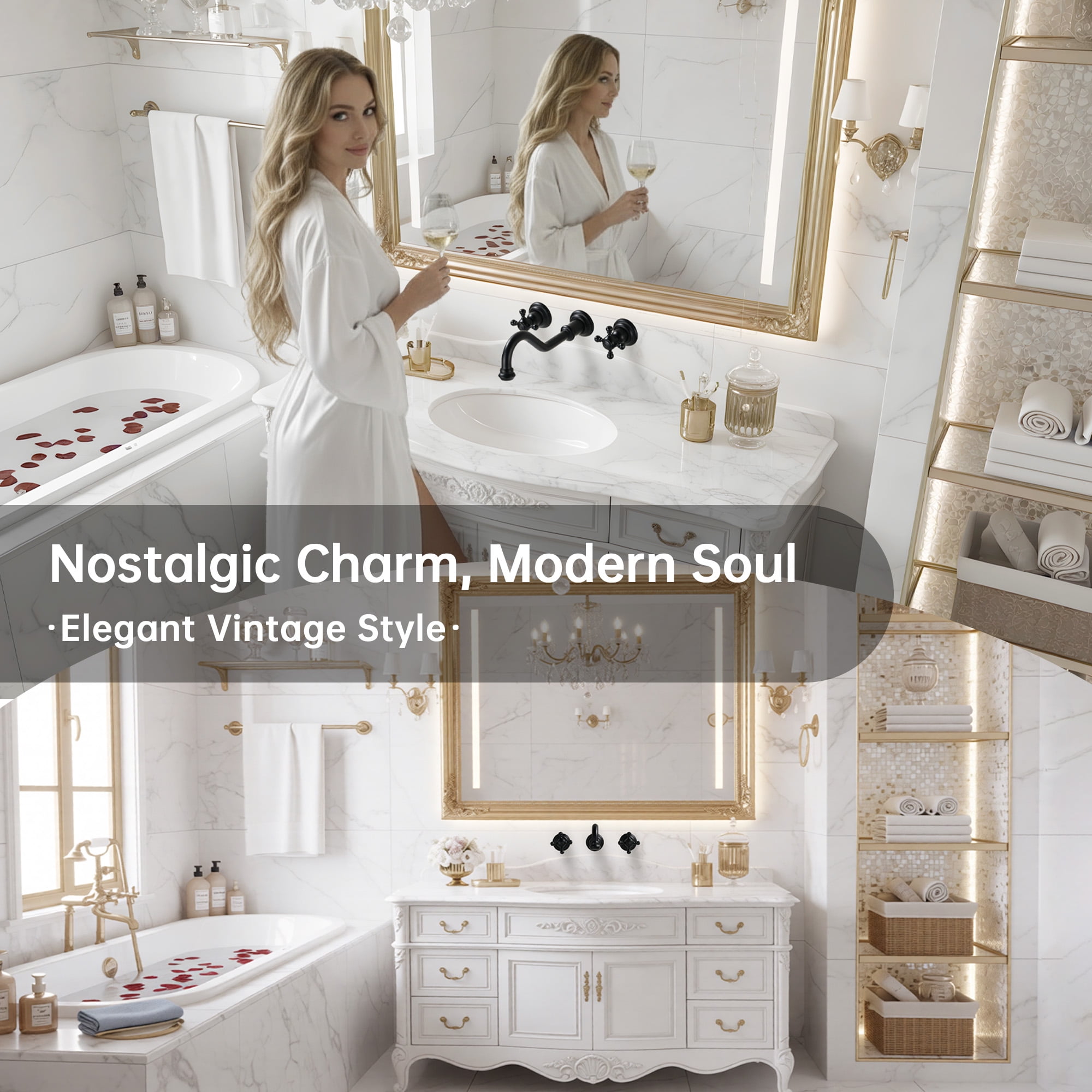 SUMERAIN Traditional Style Wall Mount Bathroom Vessel Faucet -3 Holes Cross Knobs Lavatory Basin Faucet Matte Black Finish with In-Wall Valve Included
