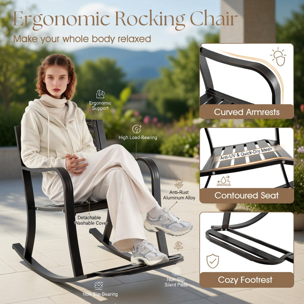 Hommoo Cast Aluminum Patio Rocking Chair with Footrest, Curved Armrests & Floral Back Design, Outdoor Rocker for Backyard, Porch, Poolside, Antique Brown