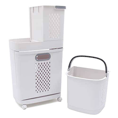 2 Tier Multipurpose Sorter Basket - Bathroom Laundry Hamper Basket with Rolling Wheels 17.32''x12.2''x29.13'' Floor-Standing Clothe Storage Basket for Kitchen Bedroom Living Room