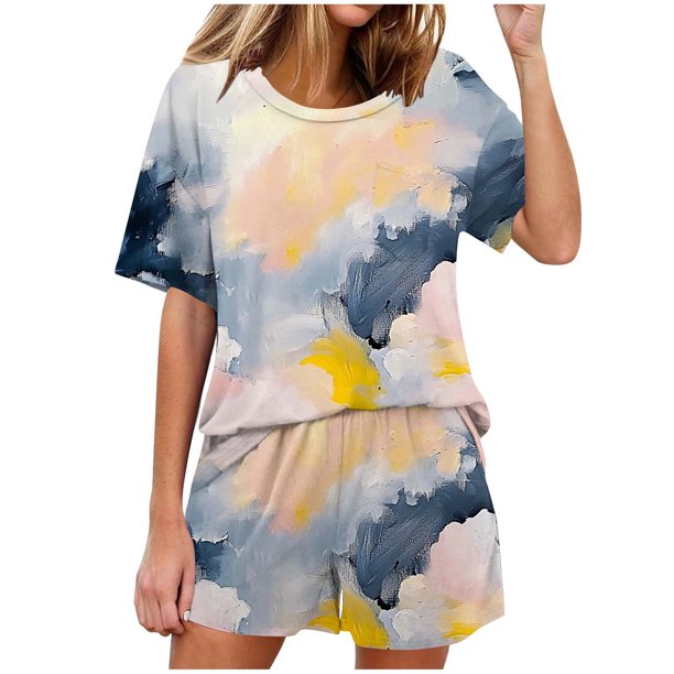 Conjunto de Pijama de las Mujeres de Moda Casual Color Sólido Casa Manga Corta Cuello Redondo Superior Y Pantalones, Ropa de Salón
