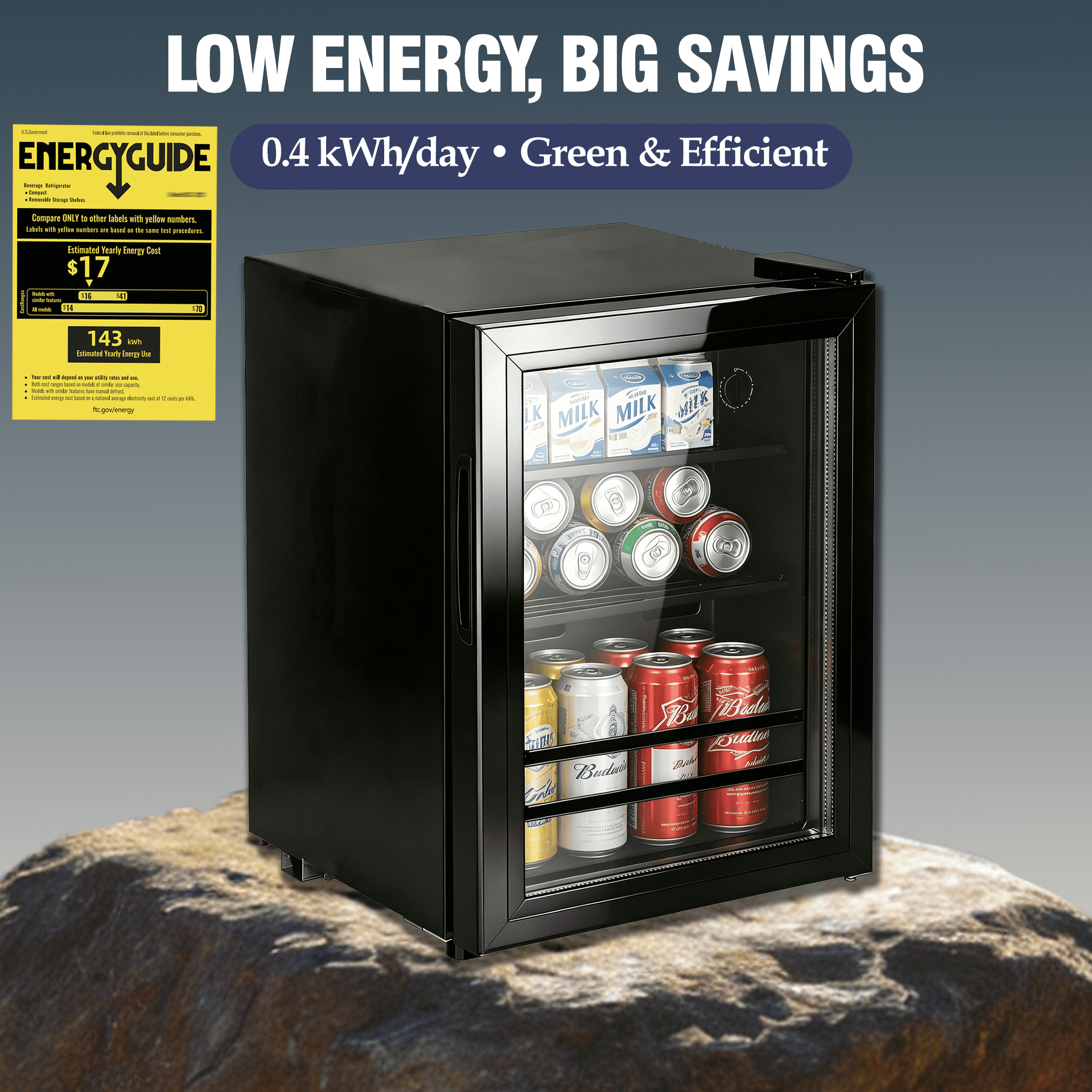 CALLIEVER 1.4 Cu.Ft Beverage Refrigerator, 52 Can Mini Fridge with Double Glass Door, 2 Adjustable Shelves, 38dB Quiet 7-Level Temp Control, Energy Saving 0.4kWh/day for Gaming Room Kitchen Bar Offic