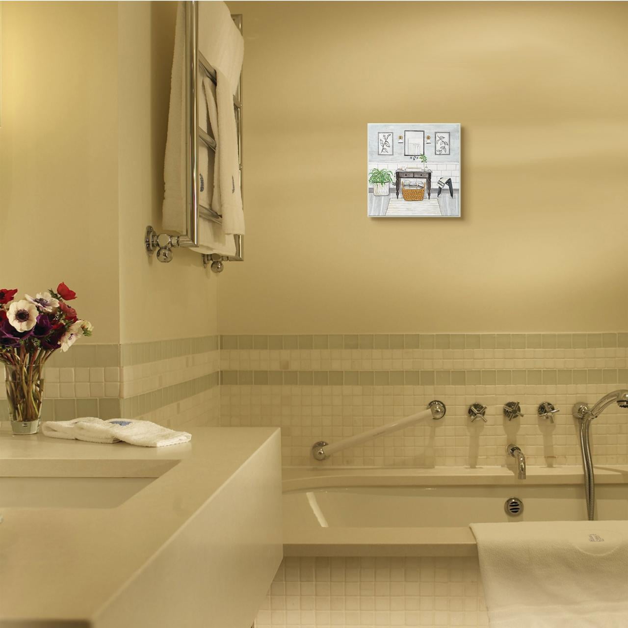 Stupell Industries Bathroom Farmhouse Style Neutral Gray Drawing Wood Plaque by Yellow Café
