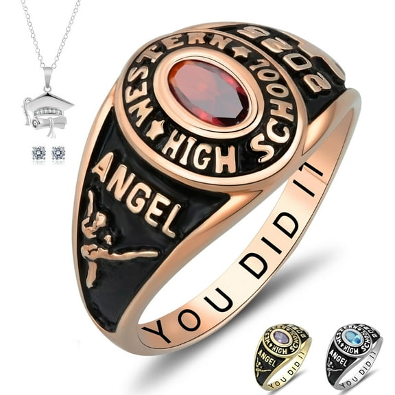 Ccjcinata Customized Sterling Silver High School and College Class Ring for men pride ring graduation rings for women Classic Collection Fully Personalized (Sterling Silver - Rose Gold Plated)