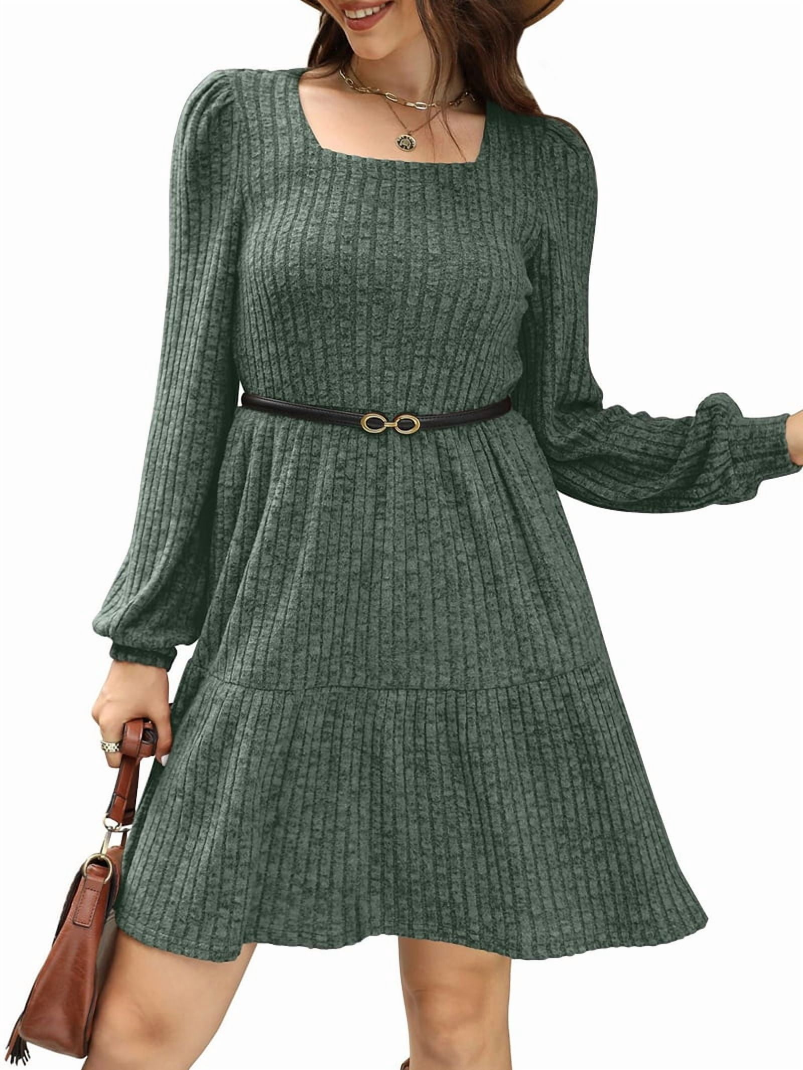 Womens Square Neck Long Sleeve Fall Dresses Casual Babydoll Sweater Dress Green L