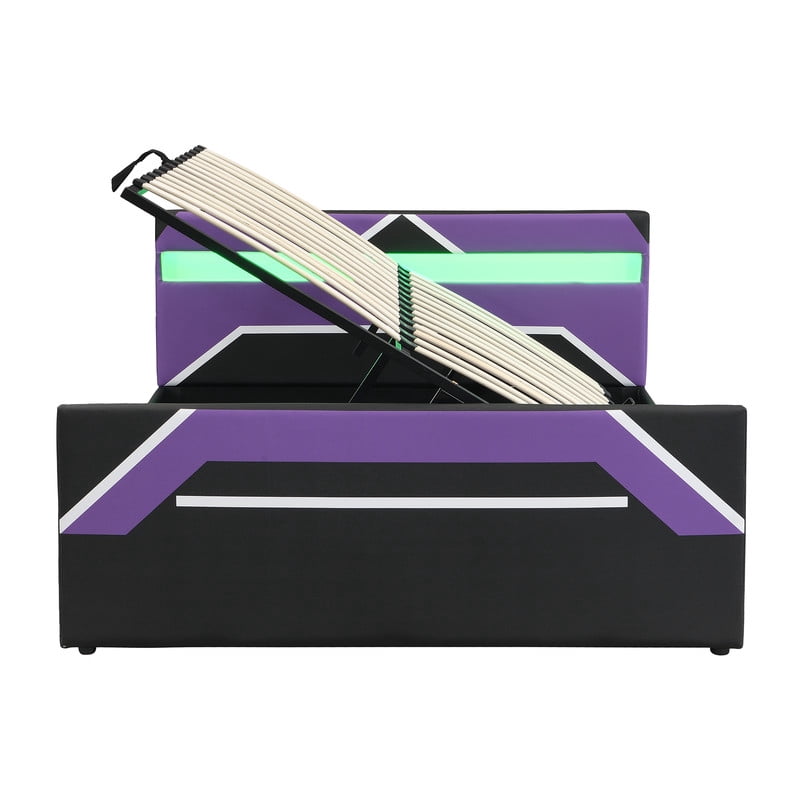 Queen Size Cyberpunk Style Low Profile Bed with LED Lighting Headboard, Hydraulic Storage Platform Bed Frame for Kids/Teens/Adults