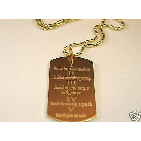 THE TEN COMMANDMENTS DOG TAG NECKLACE RELIGIOUS STAINLESS STEEL GOLD IPG